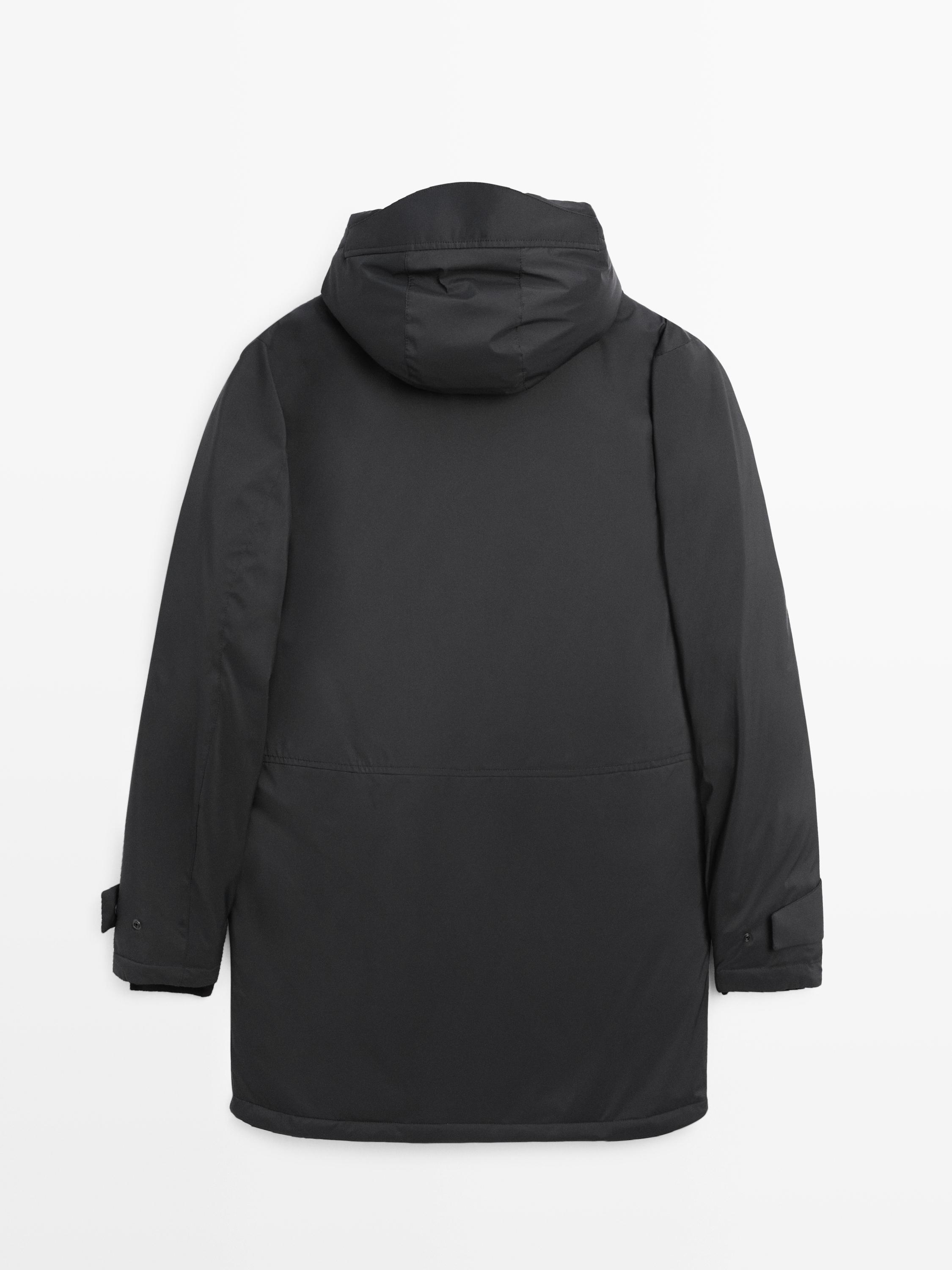Long water-repellent down blend hooded parka